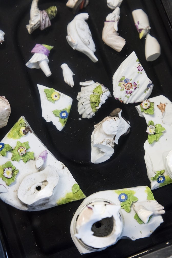 Ceramic fragments from one object gathered together | Clandon Park, Surrey